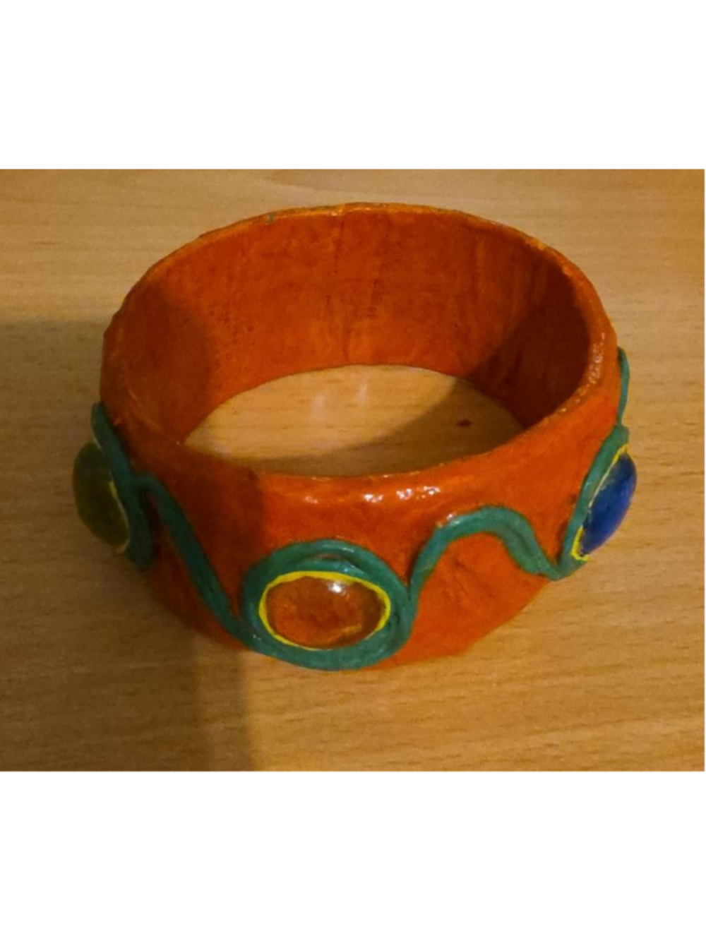 Vintage Papier Mache Bangle Bracelet Cabochons Hand Painted Statement Jewelry